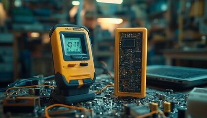 Close-up of electronic test equipment on a circuit board, emphasizing technology