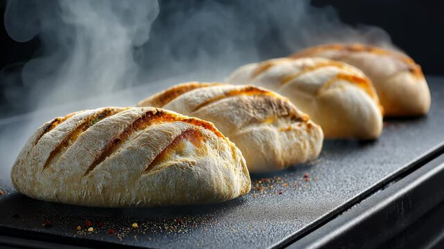 Steaming, golden-crusted loaves of bread sit in a row on a dark surface, releasing visible vapor into the air