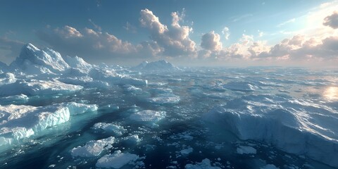 Broken, melting ice floes on cold blue ocean, showing global warming. Pale clear sky, wispy clouds. Sunlight glints on thawing ice. Desolate, impactful.