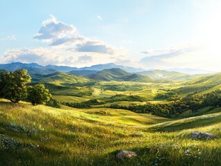 Obraz premium Exploring lush green hills serene countryside landscape photography bright daylight wide-angle view nature's beauty