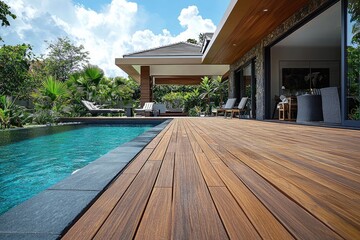 Modern home's expansive deck by the pool.