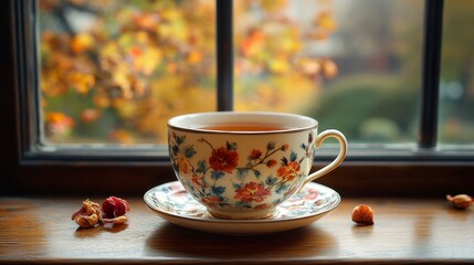 Fototapeta premium Floral teacup steams by the window on fall day