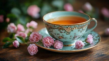 Floral tea Tea in a patterned cup sits among pink flowers on a wooden surface