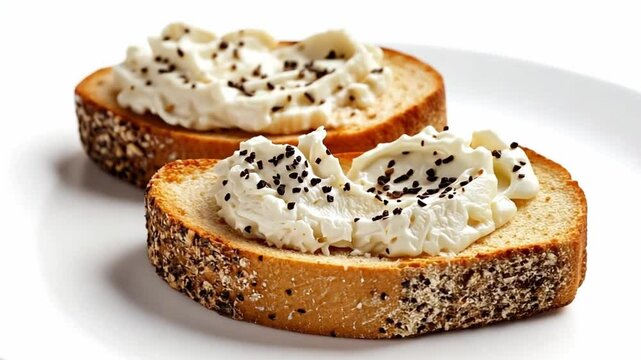Delicious spread on multigrain bread slices with cream and seeds rotation