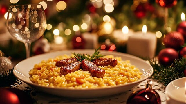 A hearty Christmas meal of rice, chicken and seasonings served on a dining table adorned with festive decorations.