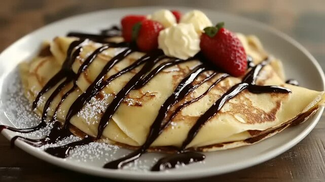 Delicious chocolate drizzled crepes topped with strawberries and whipped cream on a rustic table