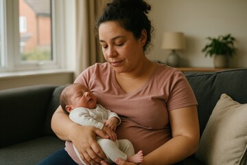Mother cradling sleeping newborn
