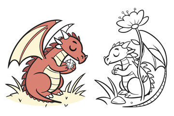 Coloring page of cartoon cute happy carton for design element. Vector illustration of funny sea animal on a white background. Сhildren's coloring book with color example