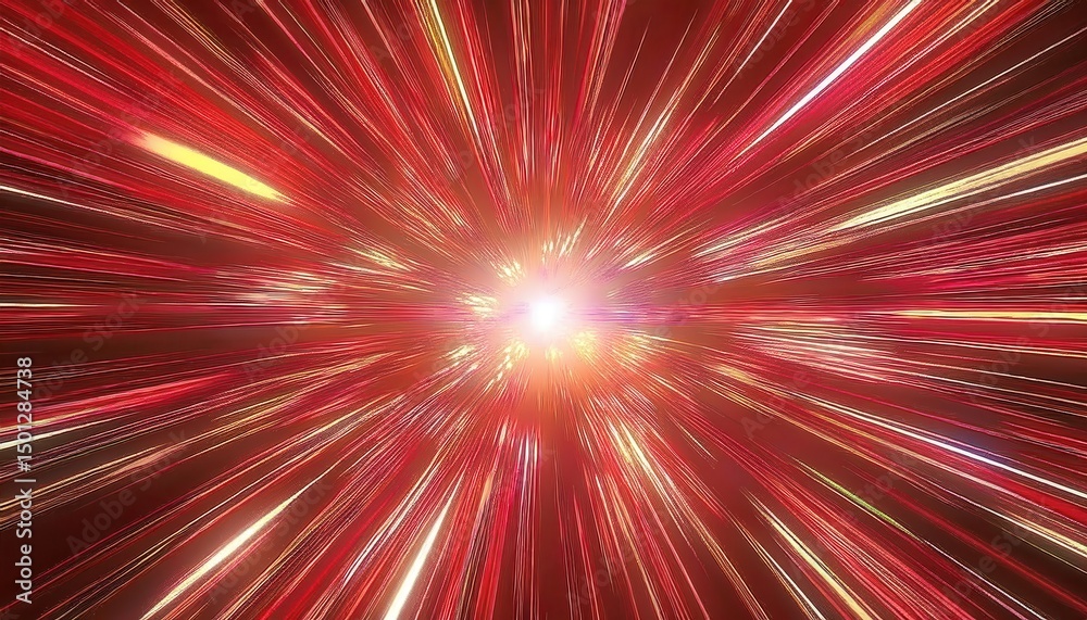 Poster radiant cosmic burst of red and yellow light rays with motion blur effect for dynamic background, we