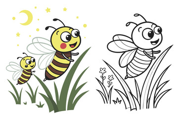 Coloring page of cartoon cute happy carton for design element. Vector illustration of funny sea animal on a white background. Сhildren's coloring book with color example