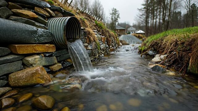 Water cascading from pipe into stream, rocks line the embankment
