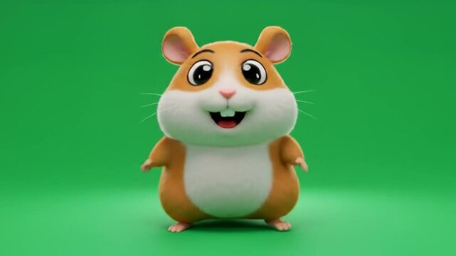 Animated cartoon hamster character against green background