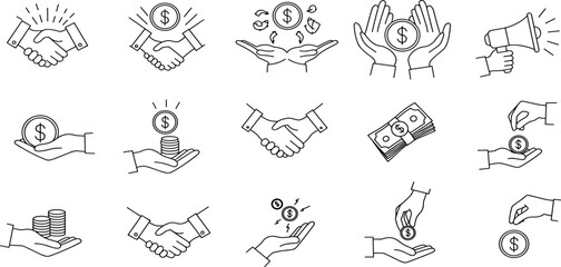 Fototapeta premium Business marketing icon set in line style. Containing agreement, donation, handshake, partnership, money, social media, megaphone, sponsor, purchase, Vector illustration