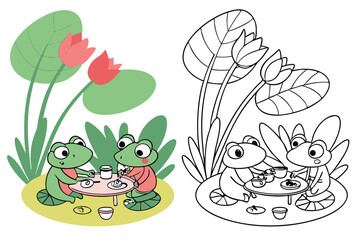 Coloring page of cartoon cute happy carton for design element. Vector illustration of funny sea animal on a white background. Сhildren's coloring book with color example