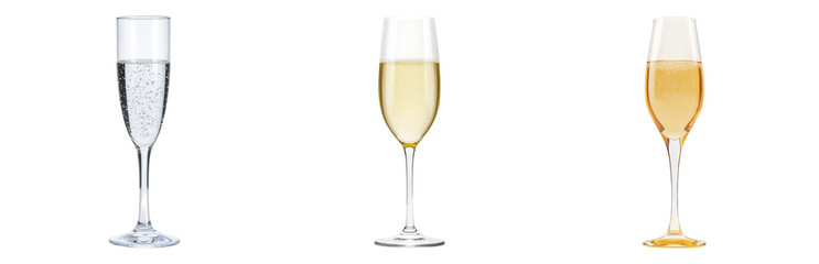 Isolated Transparent Flutes of Sparkling Wine with Different Colors