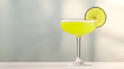 Close up of a vibrant yellow cocktail garnished with a lime wheel,  perfect for summer drinks menus or bar promotions.