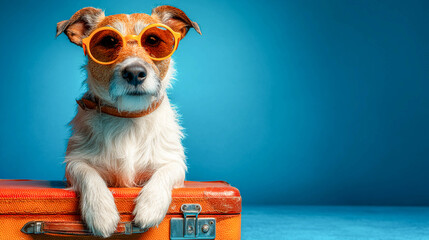 A Jack Russell Terrier dog sitting on an old orange suitcase. He is wearing bright orange sunglasses. Summer vacation.
