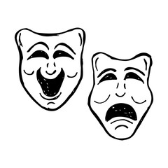 Classic comedy and tragedy theater masks, hand-drawn vector art.