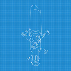 Mechanical engineering drawings. Tap tools, borer. Technical Design. Cover. Blueprint. Step Cutting Tool with Countersinking Function. Technical 3D Vector Illustration