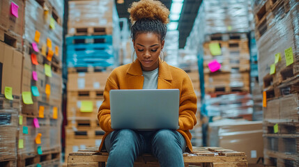 Obraz premium A young African-American woman sitting on a wooden pallet surrounded by tall racks of goods wrapped in foil and covered with stickers. 