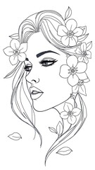 Elegant line art drawing of a woman adorned with flowers