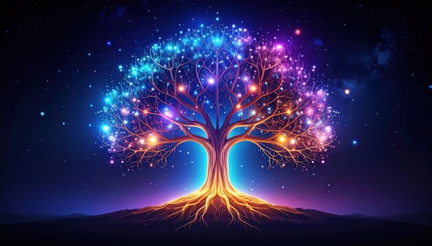 Luminous tree with glowing roots, lights, and cosmic aura