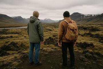 Adventurous hikers explore vast landscapes.