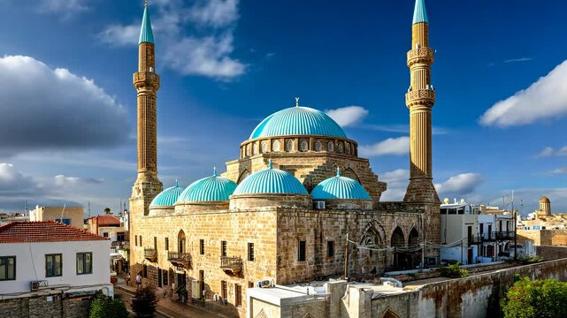 Grand stone mosque with turquoise domes under a bright sky