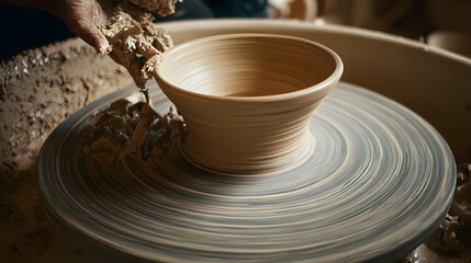 Pottery Wheel Shaping Clay Bowl Creating Art Craft Hand Forming Raw Clay Beige Ceramic on Pottery Wheel