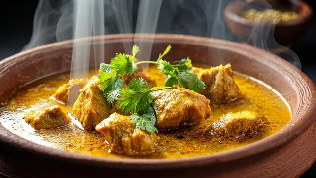 Steaming curry in a terracotta bowl garnished with cilantro