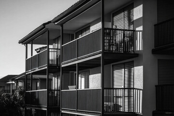 Patterns of light and shadow create dynamic effects on the facade of a modern apartment building in the afternoon sun