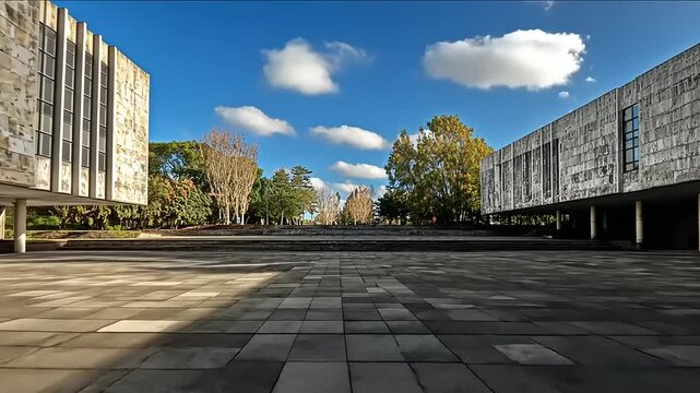 Architectural landscape featuring monolithic buildings and spacious plaza under a blue sky