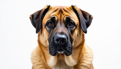 Noble Mastiff head shot, intense gaze, pure white backdrop, powerful, gaze, breed