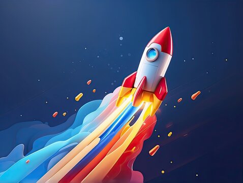 "Colorful Rocket Launch Illustration with Smoke Clouds and Blue Sky" - Powered by Adobe
