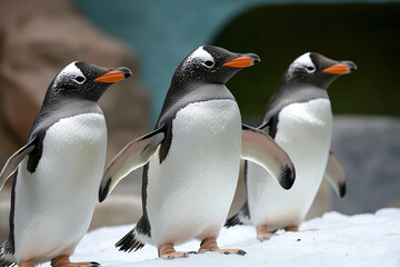 Obraz premium Penguins swim beneath the ice, showcasing their agility and grace in a dynamic underwater environment