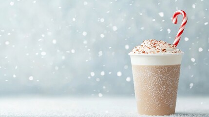 Cozy Peppermint Mocha in a paper cup with whipped cream and candy cane. Festive winter drink concept.