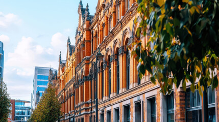Stunning view of historic architectural building featuring intricate brickwork and ornate details, surrounded by greenery and modern structures