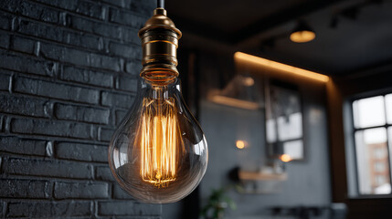 Edison bulb light. Vintage realistic filament background. 3d led retro incandescent lightbulb on ceiling. Interior design with glowing pendant hanging on cable. Dark night brick wall with illumination