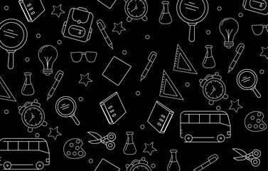 Back to school doodle seamless pattern. Hand drawn background with school supplies and creative elements. Vector illustration