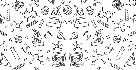 Education doodle seamless pattern. Science line hand drawn elements - mathematics formula, chemistry molecule, dna, graph, scientific experiment vector repeated background