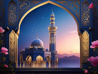 "Majestic Islamic Mosque at Sunset with Arabic Calligraphy and Floral Arch"