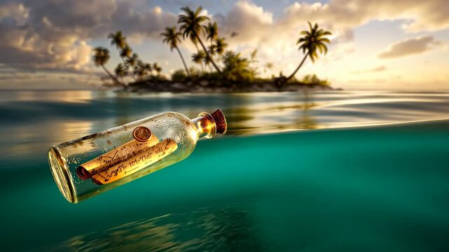 Message bottle floats in sea, half submerged; palm island in soft sunset glow