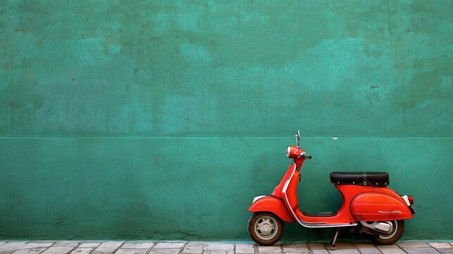 Vintage red scooter parked against a green wall. Copy space. Vespa travel concept