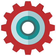 Red gear vector icon with teal center, settings and mechanical configuration symbol
