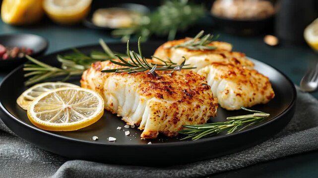 Cooked cod with lemon and rosemary