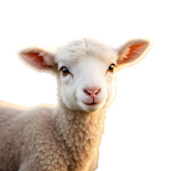 Fototapeta premium A close up shot of a fluffy white lamb with a pink nose and brown eyes on a black background isolated with white background