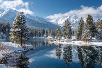 Winter landscape lake view scene on white background on transparent background