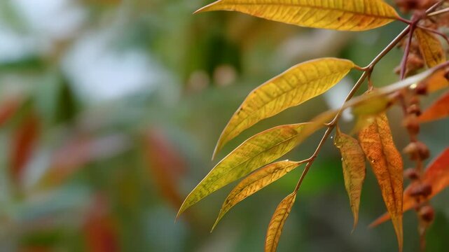 Detailed close-up of autumnal sumac leaves with vibrant gold, orange, and red hues, showcasing intricate leaf veins and delicate berries.