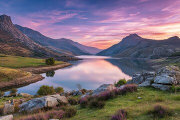 Obraz premium Lake and mountain range landscape on white background on transparent background