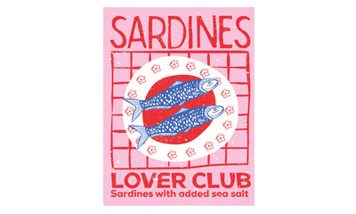 Dinner party. Seafood t shirt design. Sardines love club. In pure olive and lemon. Canned fish artwork. Fish vintage artwork. Sardines fish artwork for t shirt print, poster, sticker and other uses.
